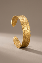 Hammered open cuff bangle with beaded edges in gold