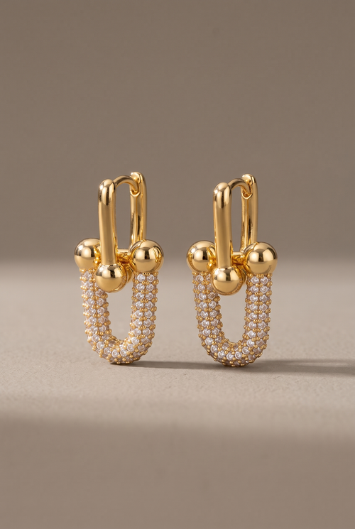Pave U-link drop earrings in gold