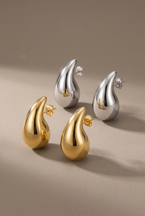 Chunky teardrop drop studs in gold and silver