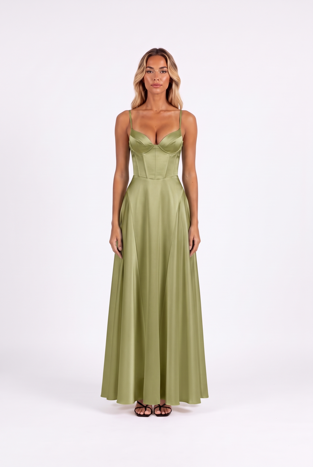 Satin corset lace-up-back maxi dress in Green — front