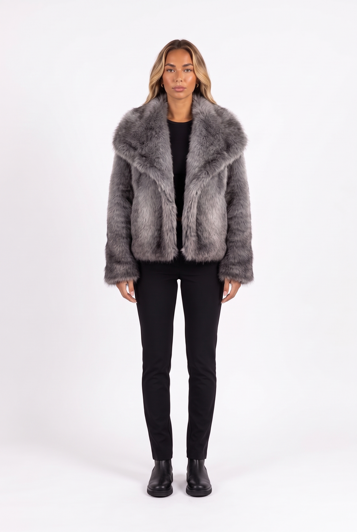 Cream fluffy faux fur jacket with oversized shawl collar in gray gradient — front