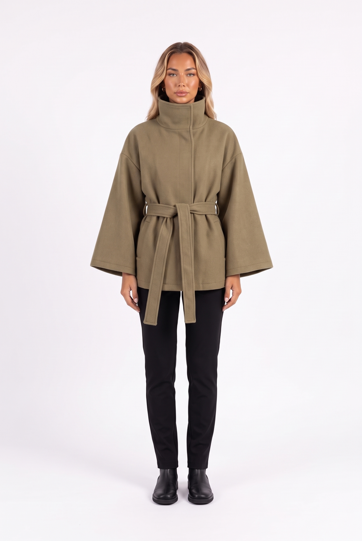 Belted cape jacket with funnel collar in khaki — front